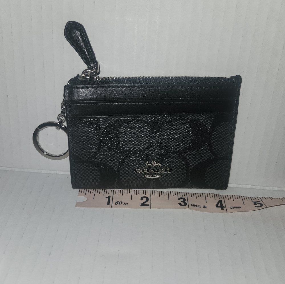 Coach Black Signature Card Holder with Key Ring Coach Mini Skinny ID Case